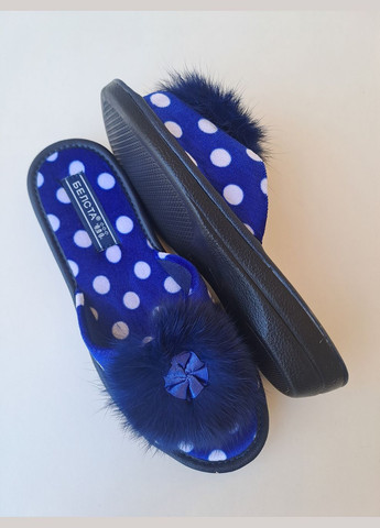 Синие тапочки женские с пушком открытые Белста с помпонами