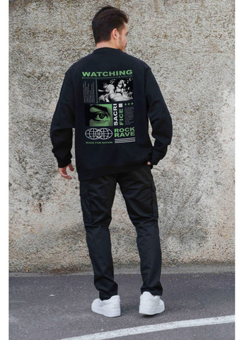 Чорний чоловічий утеплений оверсайз світшот на флісі з принтом watching Without однотонний без декору (361057460)