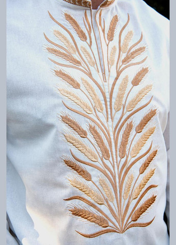 Молочная элегантная мужская молочная вышиванка с вышивкой в виде пшеничных колосков узор украинская символика приталенная, свободная, прямой лен (322167530)