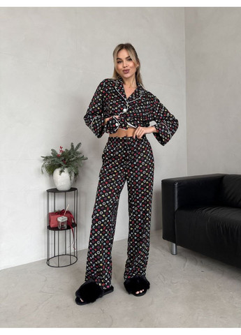 Черная женская пижама трикотажная рубашка и брюки. Україна
