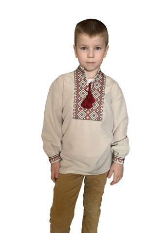 Бежевая детская вышиванка для мальчика скрипка красная в цвете беж НоКо узор орнамент габардин (322404173)