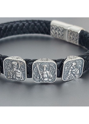 Браслет православный с ликами святых из серебра и кожи No Brand (365280587)