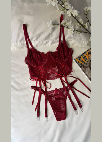 Красный корсетный комплект женского белья с гартерами Simply sexy
