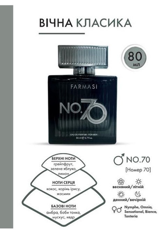 Тестер мужской парфюмерной воды No. 70 1,4 мл Farmasi (294946693)