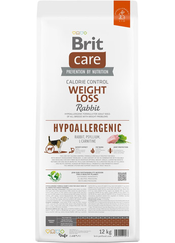 Корм для собак із зайвою вагою Dog Hypoallergenic Weight Loss гіпоалергенний з кроликом 12 кг (8595602559169) Brit Care (315867967)