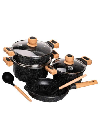 Набір посуду, 3 каструлі, з товстодонною алюмінієвою лопаткою та ополоником, чорний HP-4-401B MGC (368767288)