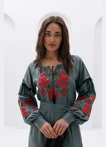 Зелена довге плаття-вишиванка бежеве з червоними маками хрестиком Arjen льон (297574688)