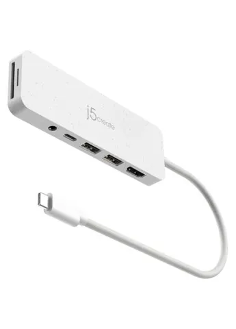 Концентратор USB-C 6-in-1 2xUSB 3.2 + USB-C PD + HDMI 4K + SD/TF + 3.5mm white (JCD373EW-N) J5create USB-C 6-in-1 2xUSB 3.2 + USB-C PD + HDMI 4K + SD/T (380426808)