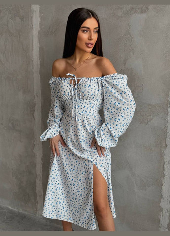 Голубое кэжуал платье с открытыми плечами Adelante с цветочным принтом