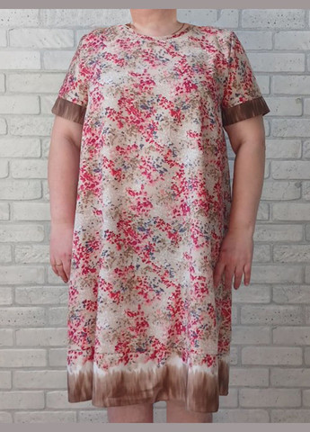 Коричневое повседневный женское легкое платье с коротким рукавом свободного кроя в красные цветы, штапель софт No Brand с цветочным принтом