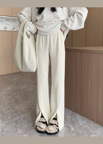Шикарные базовые молочные штаны с разрезами из вельвета, стильные и качественные штаны на высокой посадке и поясом на резинке No Brand 067-2 (280864533)