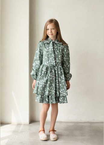 Оливковое модное детское котоновое платье "изабелла" оливкового цвета для стильной девочки No Brand (299152493)