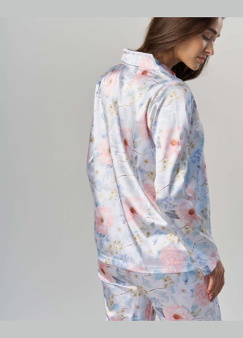 Молочная всесезон женская пижама на пуговицах - нежный цветочный принт/женский комплект с рубашкой и брюками, полиэстер рубашка + брюки Nicoletta