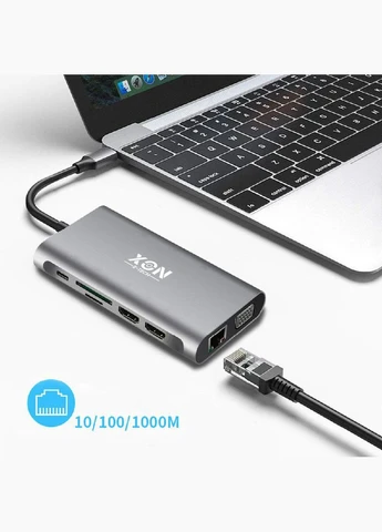 USB-хаб XON SmartHub 12 в 1 (Ethernet, VGA, 2xHDMI, 3.5 Audio, SD/TF, Type-C, 4xUSB3.1) Сірий (UHCHP125300G 5283) XON E-Tech (303928583)