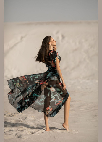 Комбінована пляжна елегантна довга пляжна сукня зі шифону з тропічним візерунком. ORA з квітковим принтом
