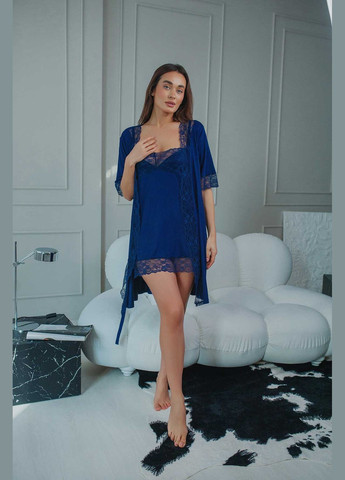Комплект "Флоренція": нічна сорочка і халат у синьому кольорі з синім мереживом TimiRilla Lingerie (300103119)