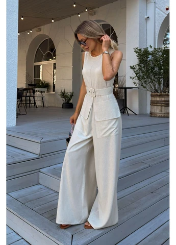 Стильный женский летний комбинезон Jadone Fashion комбинезон-брюки однотонный бежевый кэжуал лен