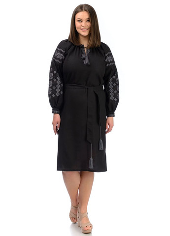 Чорна сукня-вишиванка івана купала (чорний з сірою вишивкою) Golfstream пряма льон (315476009)