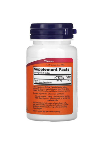 Вітаміни та мінерали Vitamin E-400 with Mixed Tocopherols, 50 капсул Now (295899394)