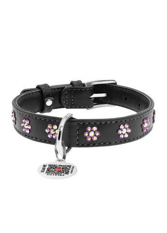 Нашийник для собак шкіряний Glamour з QR паспортом, з клейовими стразами "Квіти", Ш 15 мм, Дов 27-36 см чорний WAUDOG (322001885)