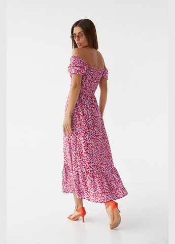 Лавандовое повседневный женское длинное платье с эластичным поясом 5554 Lurex с цветочным принтом