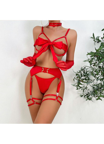 Красный демисезонный соблазнительный комплект нижнего белья конфетка. в комплекте: бюстгальтер, трусики, пояс с подтяжками, гартеры No Brand