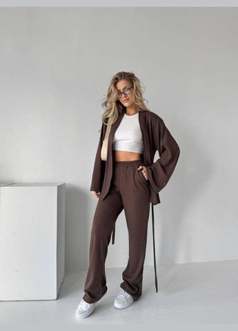 Женский серый брючный костюм: кофта кимоно с поясом и брюки палаццо коричневый No Brand (322927917)