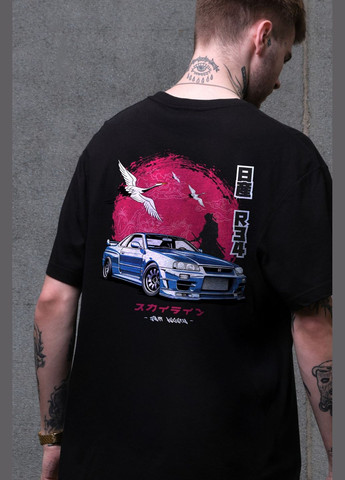 Черная мужская оверсайз футболка с принтом skyline с длинным рукавом Without