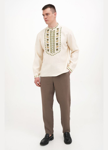 Бежева чоловіча вишиванка з рослинним орнаментом та калиною на ґудзику марко., р., код 9458/52/101 ГАЛЕРЕЯ ЛЬОНУ льон (333164747)