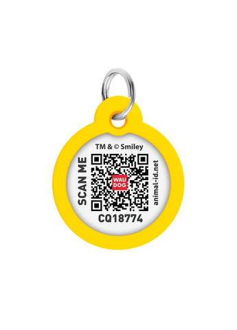 Адресник для собак і котів металевий Smart ID c QR паспортом, малюнок «Смайли на чорному», коло, Д 30 мм WAUDOG (330245329)