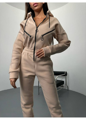 Комбинезон No Brand комбинезон-брюки однотонный бежевый повседневный, кэжуал трехнитка с начесом