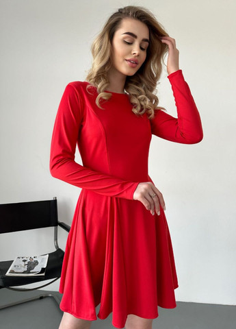 Красное повседневный платье мини с длинным рукавом и круглым воротником Україна однотонное