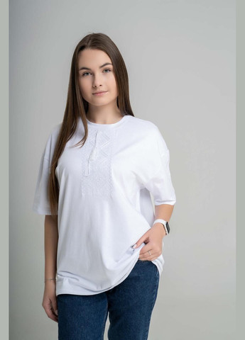 Женская oversize футболка с геометрическим белым орнаментом по белому "Низина" L-XL Melanika g-99 (285763840)
