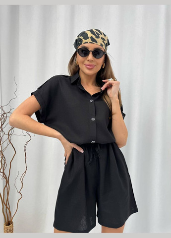 Комбінезон жіночий Україна комбінезон-шорти однотонний чорний повсякденний льон
