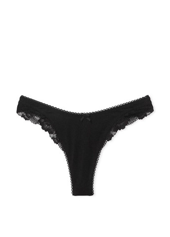 Трусики-стринги хлопковые Stretch Cotton High-Leg Scoop Thong Panty черные Victoria's Secret (330829461)