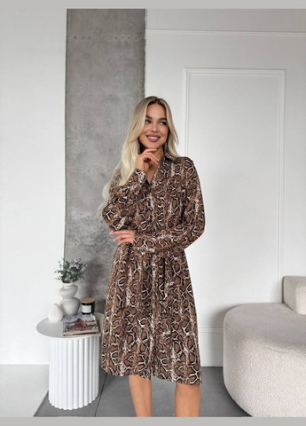 Коричневое повседневный женское платье штапель люкс с длинным рукавом рубашка Style Point змеиный