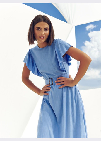 Блакитна кежуал сукня-міді блакитного кольору з поясом Dressa однотонна