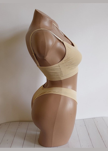 Бежевий демісезонний комплект білизни жіночий топ бюстгальтер труси стрінги honey fashion accessories s/m чорний (2-184) No Brand