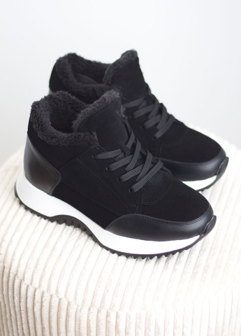 Кроссовки женские из натуральной светлой молочной замши и мехом внутри Zlett 3808 чёрные зима (362663895)