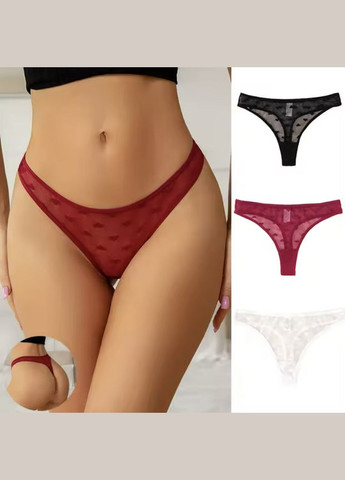 Набір жіночих прозорих трусиків-стрінгів з м’якої сітки з сердечками, 3 шт, бордовий, чорний, білий, р. S–L No Brand (330643847)