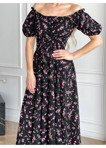 Чорна святковий, повсякденний, вечірня, пляжна, кежуал жіноча довга сукня з відкритими плечима Vakko з квітковим принтом