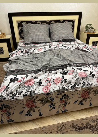 Постельное белье хлопковое Цветы Двуспальное 180 x 220 Бязь Серое 50 х 70 No Brand (280937789)