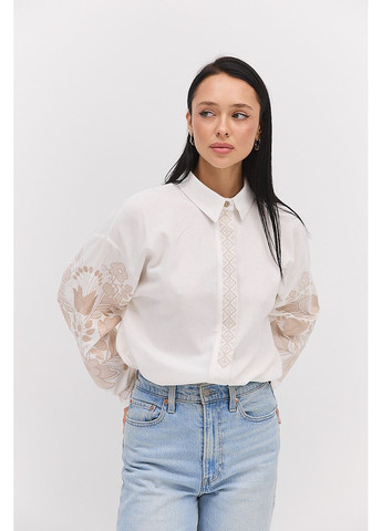 Молочная женская вышиванка молочная с золотыми цветочными и геометрическими узорами Arjen лен (317233829)