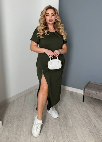 Оливковое (хаки) повседневный женское удлиненное платье меди с молниями и карманами Україна однотонное