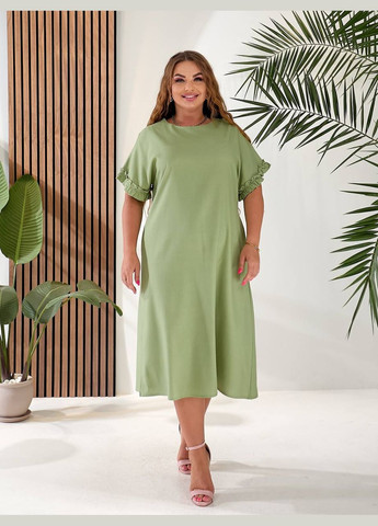 Оливкова повсякденний лляна сукня вільного крою з перехрестям на спинці MonCher