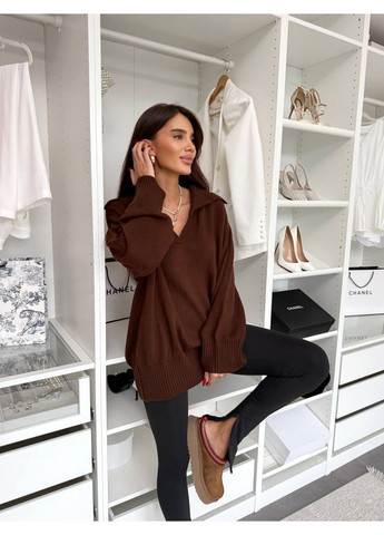 Коричневий демісезонний подовжений светр oversize з коміром поло — заміри в описі DK/DL Мода без кордонів