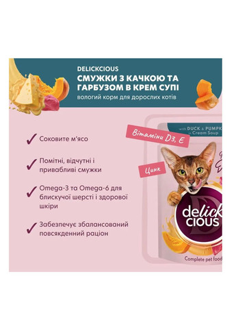 Вологий корм для котів шматочки з качкою та гарбузом у крем-супі 85 г D6251401 Delickcious (328450969)