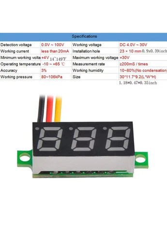 Панельный LED вольтметр 0–100V DC, 3-проводной, мини PD (387639612)