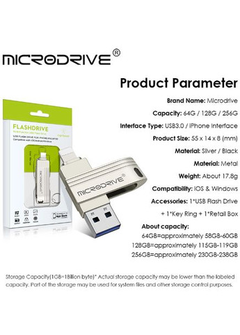 Флешка металева 2в1 512ГБ USB-Lightning для Apple iPhone, iPad, комп'ютера A1 512GB OTG Чорний Microdrive (336381375)