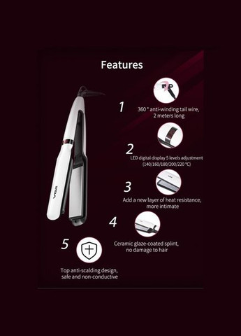 Професійна праска шипці випрямляч для волосся з керамічним покриттям і регулятором температури V-511 Pro Білий VGR (306716785)